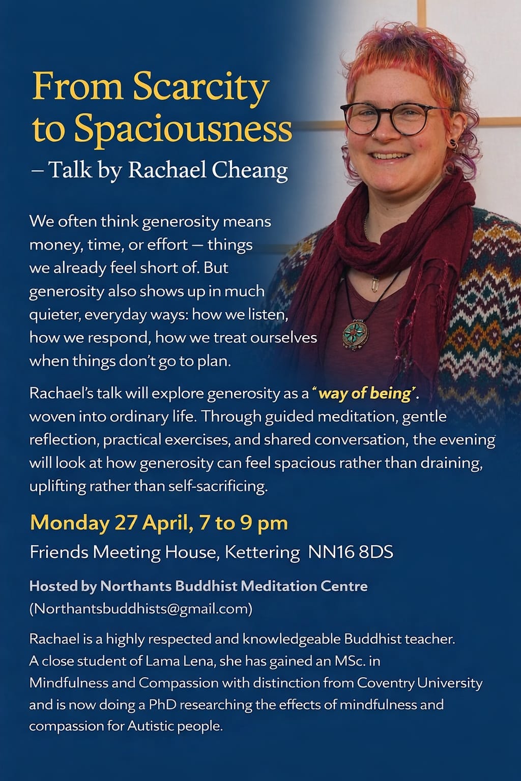 Read more about the article Visiting Teacher Rachael Cheang – 7.00pm Monday 27th April 2026